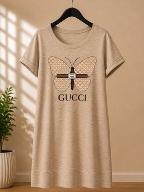 Beige Butterfly Logo Tee Dress with Stripe Accent